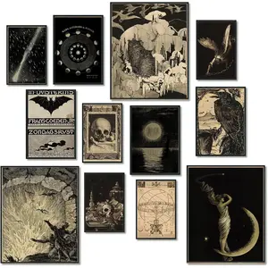 P-OMT013    12PCS Gothic Moody Bedroom Eclectic Posters, Dark Academia Wall Posters for Dorm Decor, Grunge Room Decor | Unframed Set Ornaments