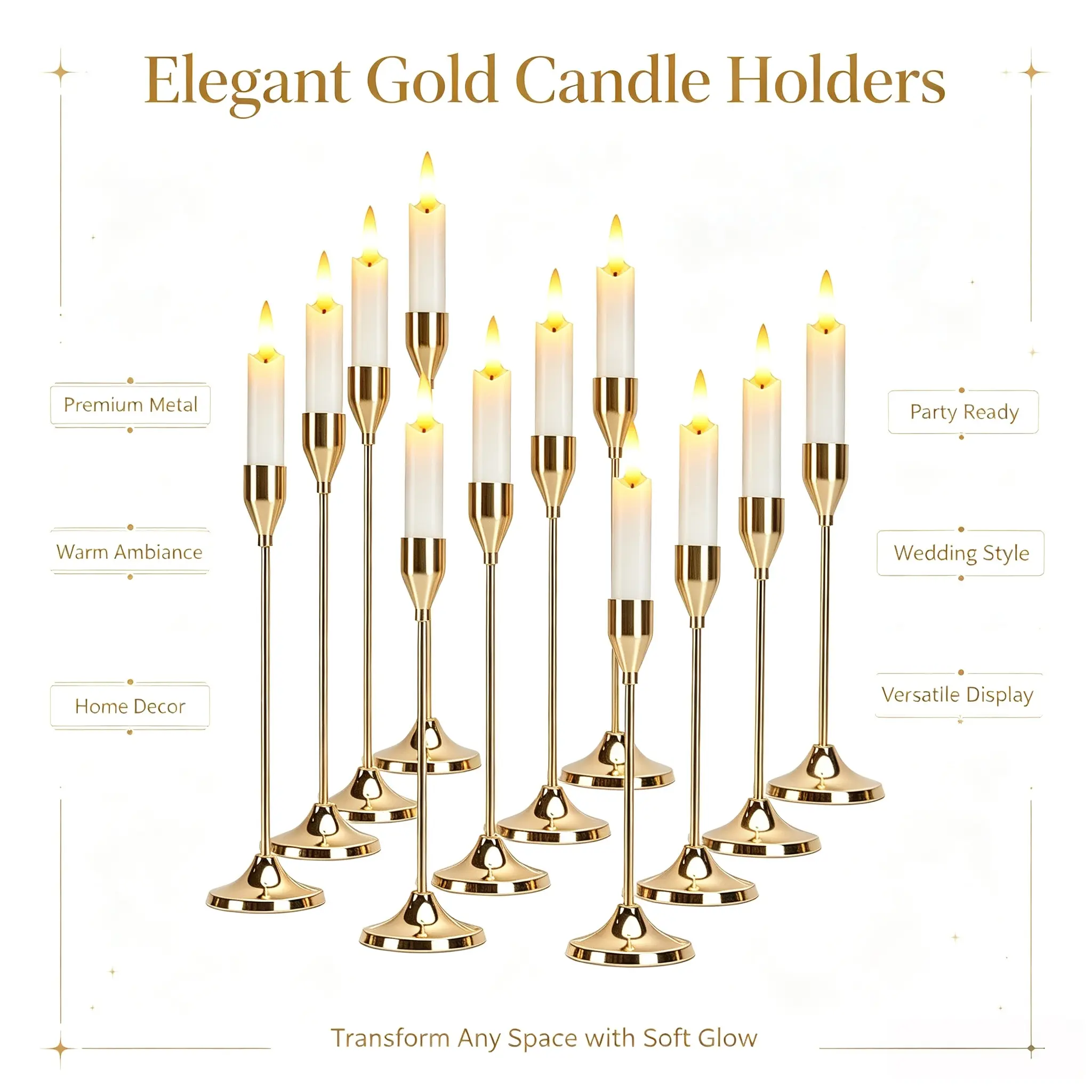 Matte Black-Gold Metal Taper Candle Holders Set of 12, Large Long Minimalist Modern Candlesticks, Bulk Table Centerpieces for Wedding, Home Decor
