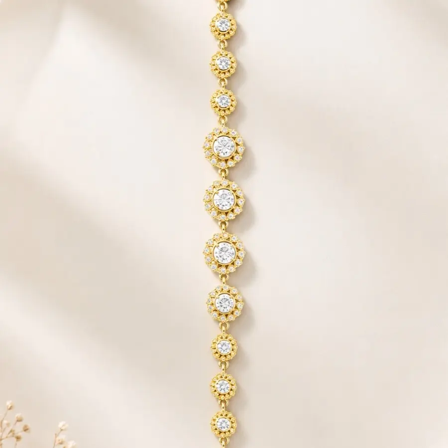 14K Gold-Plated Circular Halo CZ Bracelet, 19 cm