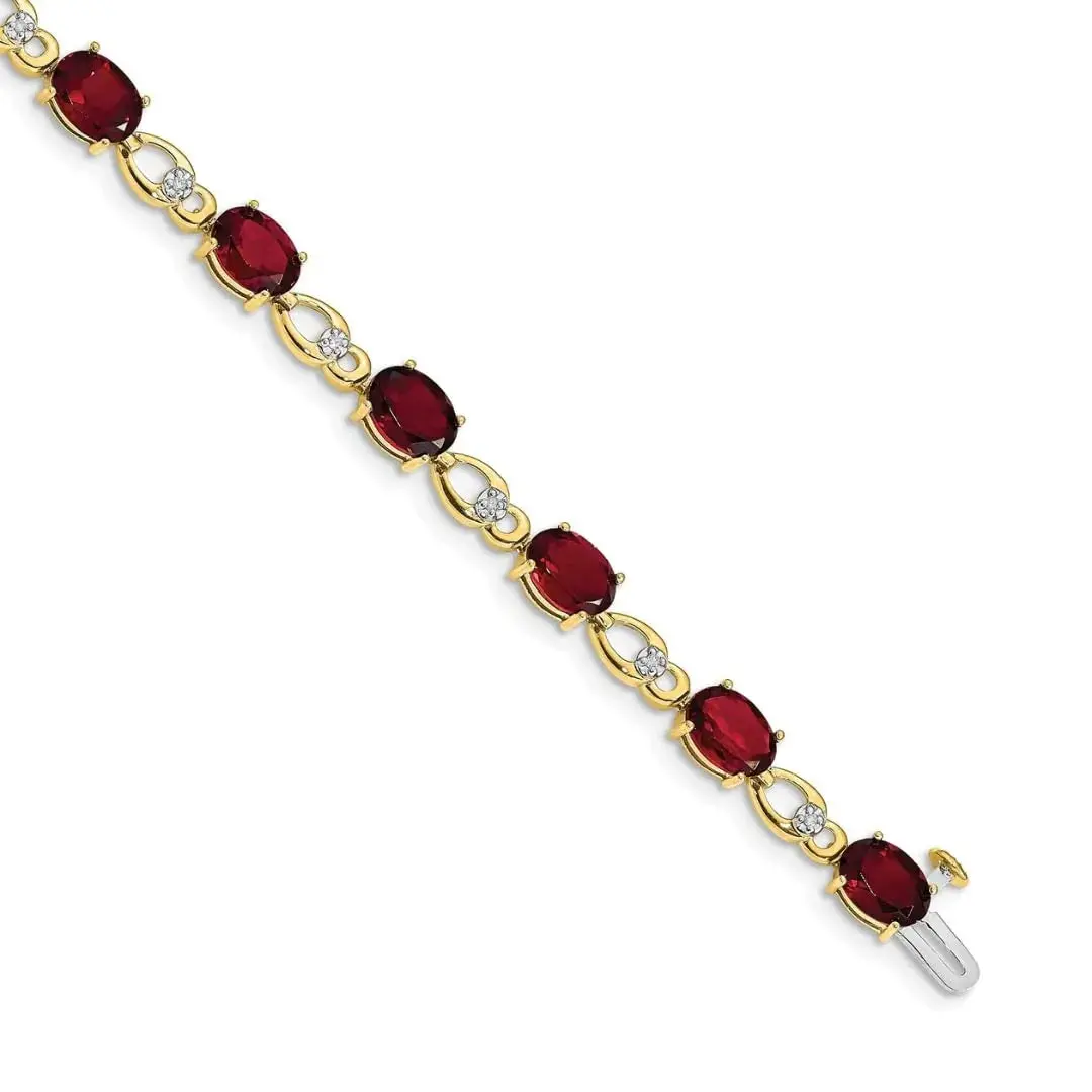 14k Yellow Gold Oval Red Garnet and Diamond Link 7 inch Bracelet