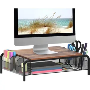 Metal Desk Monitor Stand Riser with Organizer Drawer, Rustic Monitor Riser For Computer, Small Printer, Laptop, Black and Brown