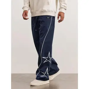 2025 Men's Loose Fit Wide Leg Drawstring Pants, Star Pattern Embroidery, Men's Stylish Comfy Pants Casual Menswear sweatpants men Cargo Polyester