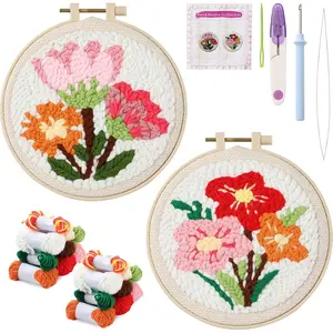 2 Sets Punch  Embroidery Starter Kits Includes Punching Needling Fabric with , Yarns, Embroidery Hoops, Sewing , Instruction for Adults Beginner DIY  Crafts Gifts