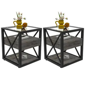 Nightstand Set of 2 Modern End Table Bedside Tables with Drawer, Nightstand for Bedroom & Living Room, Rustic Wood Grain MDF  & Tempered Glass Top, Industrial Style Side Table, 2 PCS