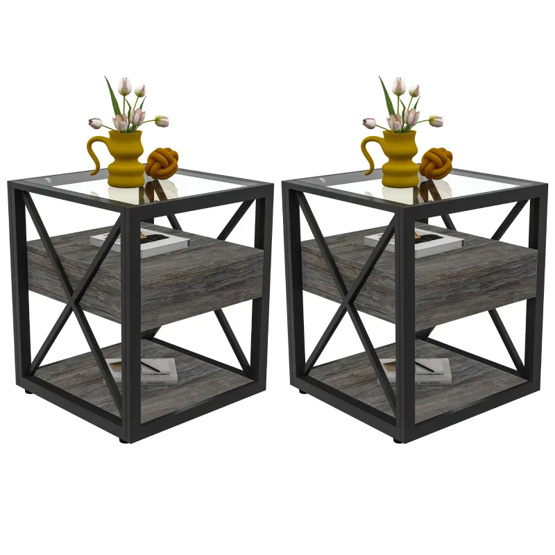 Nightstand Set of 2 Modern End Table Bedside Tables with Drawer, Nightstand for Bedroom & Living Room, Rustic Wood Grain MDF  & Tempered Glass Top, Industrial Style Side Table, 2 PCS