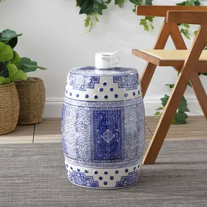 JONATHAN Y Acanthus 17.8" Chinoiserie Bohemian Ceramic Drum Garden Stool, Blue/White