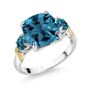 Gem Stone King 5.86 Cttw London Blue Topaz 3-Stone Ring For Women Gemstone November Birthstone | 925 Silver and 10K Yellow Gold | Cushion 10MM | Round 4MM | Available In Size 5, 6, 7, 8, 9