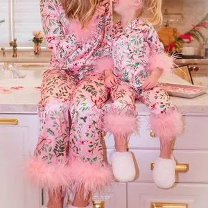 2025 Joviecrown Silky Mommy and Me Christmas Pajamas Set Feather Trim Long Sleeve Button Down Matching Xmas Sleepwear for Mother Daughter