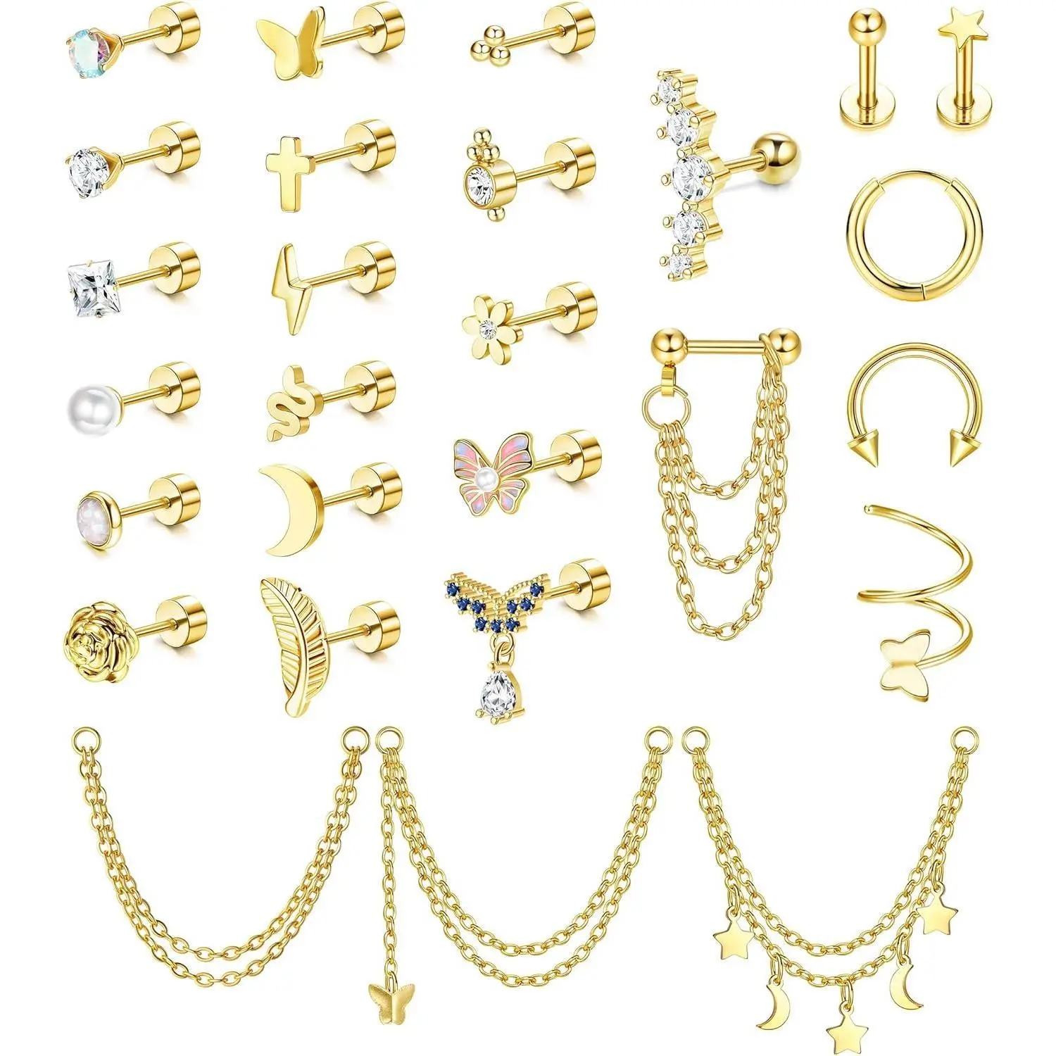 Fansilver Women's 27Pcs High-Quality Cute Jewelry 16G Surgical Steel Flat Back Stud Earrings Set - Hypoallergenic, Anti-Rust, Elegant Trendy Layered Stack Chain Dangles for Helix Cartilage Piercings (Boxed, Summervibes), Elegant Trendy Chain