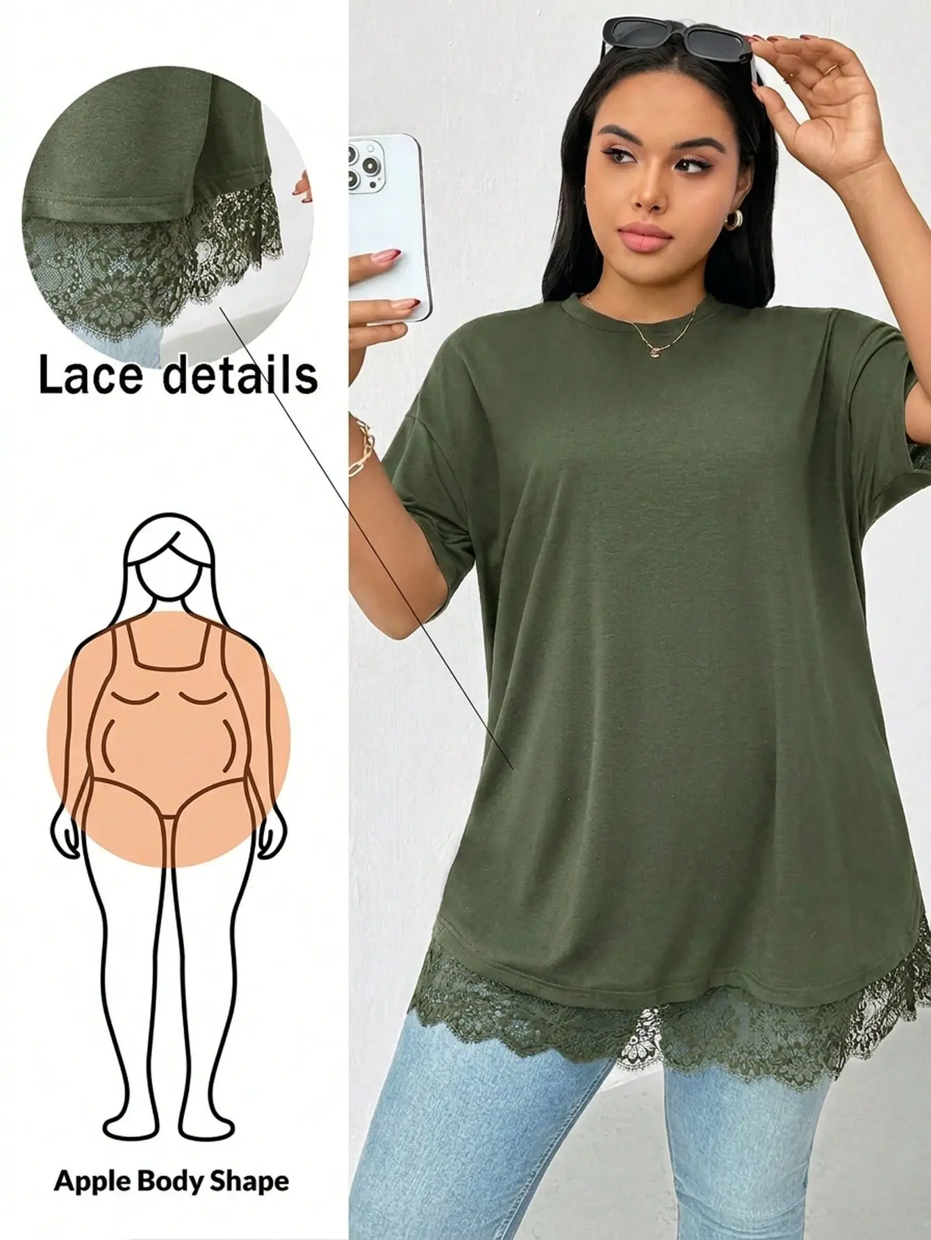 LALUZ Summer Plus-Size Women's Yellow Lace-Trimmed Short-Sleeved Tunic Top Loose Fit Casual Everyday Basic Shirt