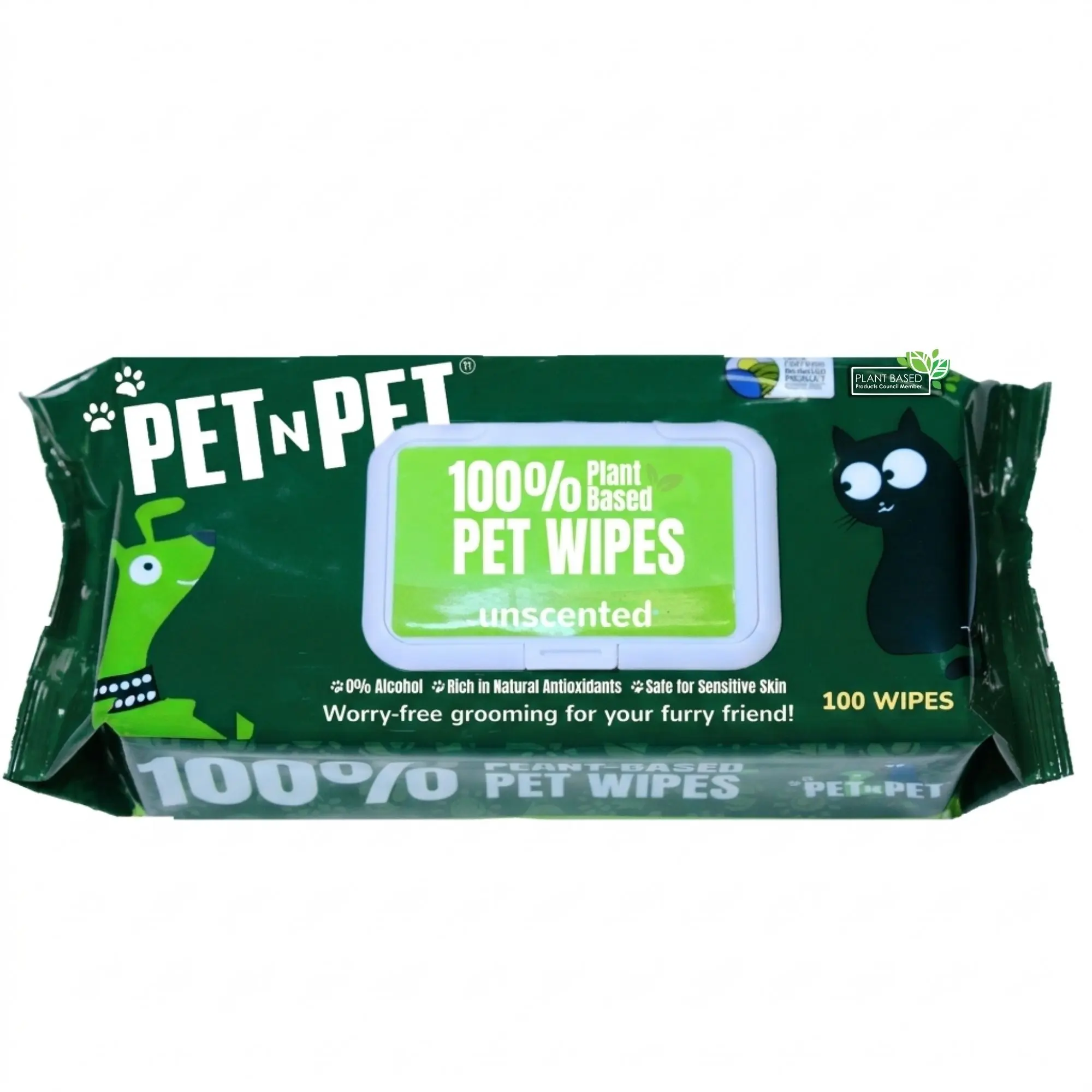 PET N PET 100% Plant-Based Hypoallergenic Dog Wipes, 100 Count, Unscented, Gentle Cleaning for Paws, Face & Butt