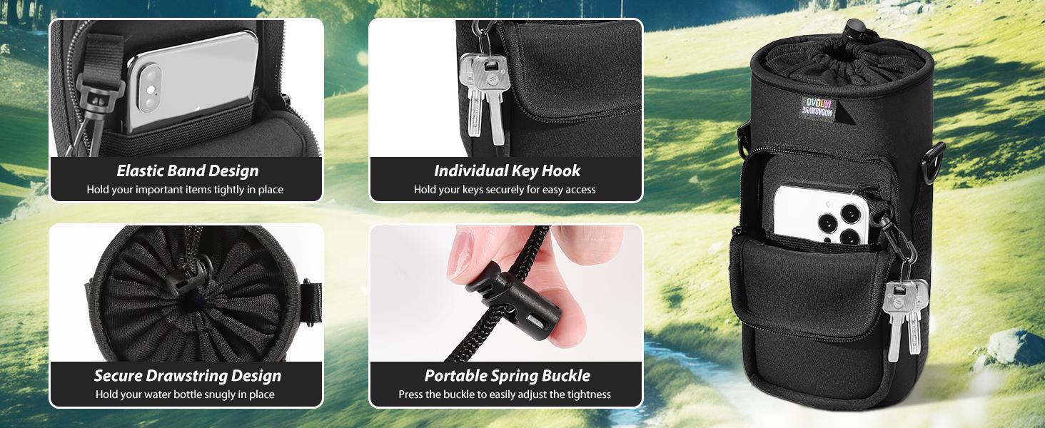 Water Bottle Carrier Bag, 25oz/40oz/64oz Bottle Pouch Holder, Adjustable Shoulder Hand Strap 2 Pocket Sling Neoprene Sleeve Sports Accessories for Hiking Travelling Camping