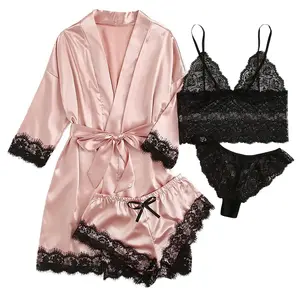 Sexy Lingerie 4-Piece Satin Lace Pajama Set | Women Silk Robe + Cami Top + Shorts + Thong Nightwear | Bridal Loungewear Boudoir Outfit for Valentine’s Day