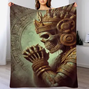 Aztec Skeleton God with Mayan Calendar Background Flannel Blanket , Mictlantecuhtli Aztec Death God Skull Art Print,Ultra-Soft and Warm,Ideal for Halloween Parties and Birthday Celebrations  ,Horror Movie Nights,Themed Gatherings,Cosplay
