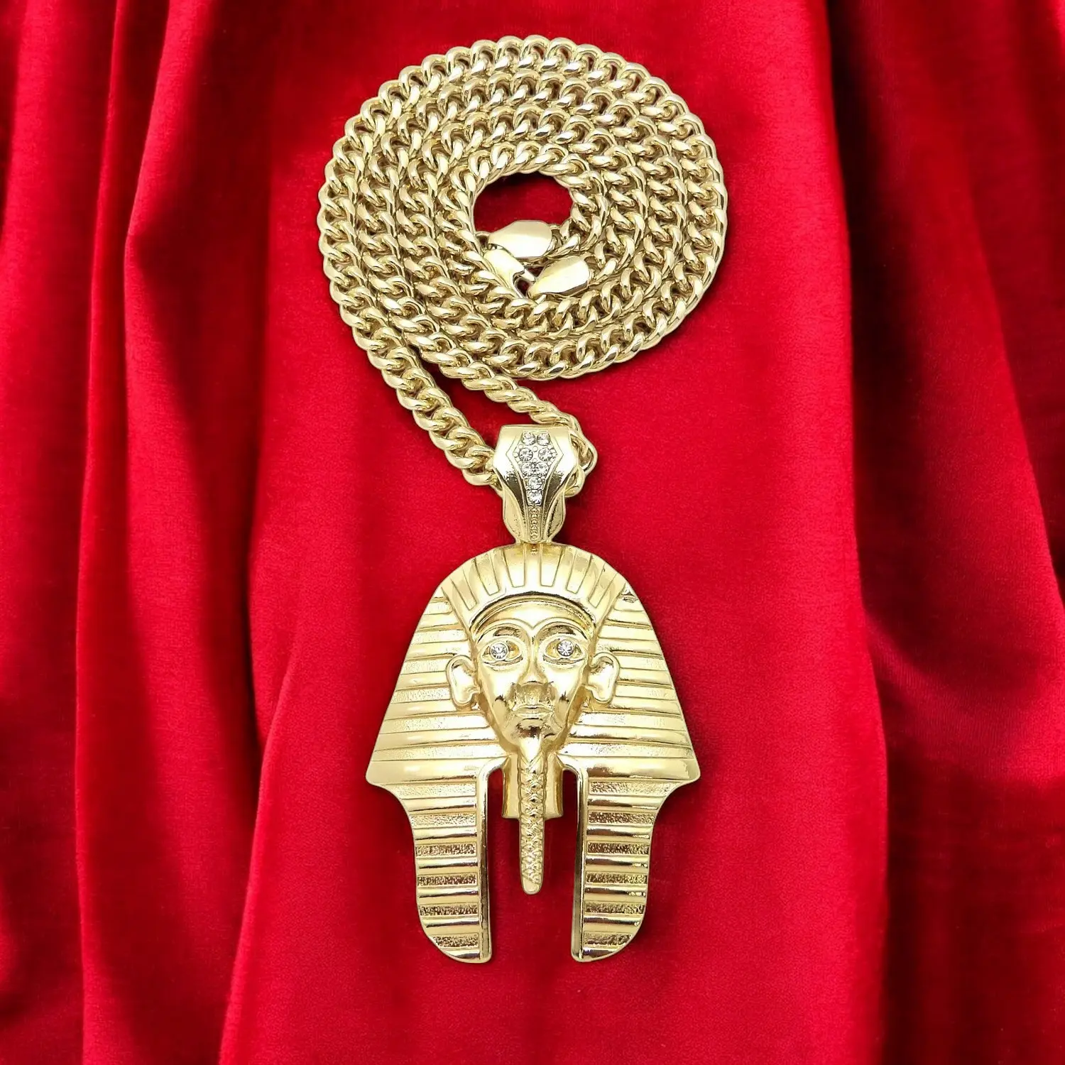 MaxBling81 Unisex Gold-Plated Egypt King Tut Pharaoh Pendant & Link Chain - 6mm Cuban Chain, 20in/24in/30in Multiple Lengths, Adults' Hip Hop Celebrity Style Metal Coating Casual Costume Jewelry for Daily Wear