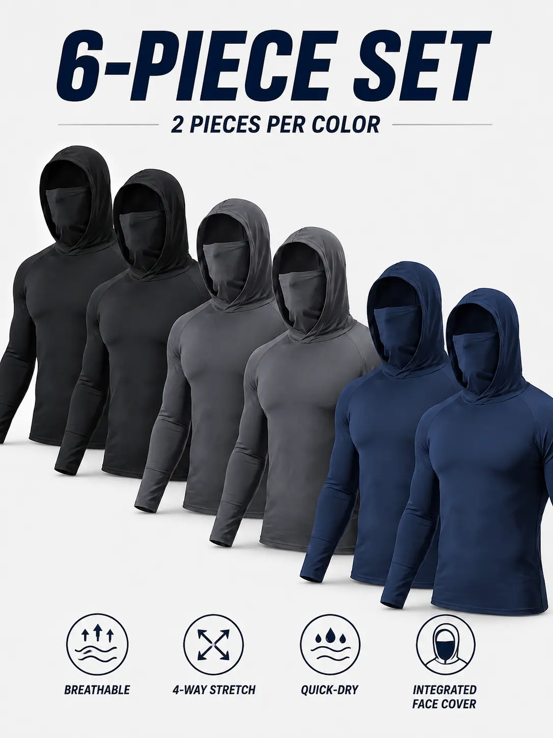 Men's 6-Pack Outdoor Work Shirts with Hood and Face Cover, Breathable Lightweight Long Sleeve Shirts for Lawn Care, Gardening and Construction