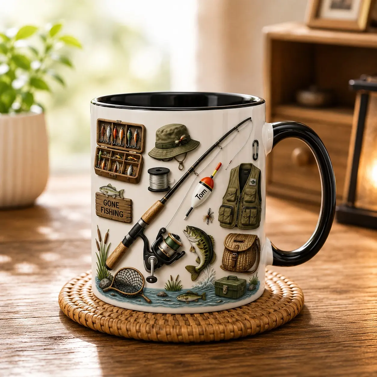 Fishing Gear Coffee Mug, Personalized Cup, Gone Fishing Mug, Angler Gift for Dad, Bass Fishing Lover Mug, Father's Day Gift