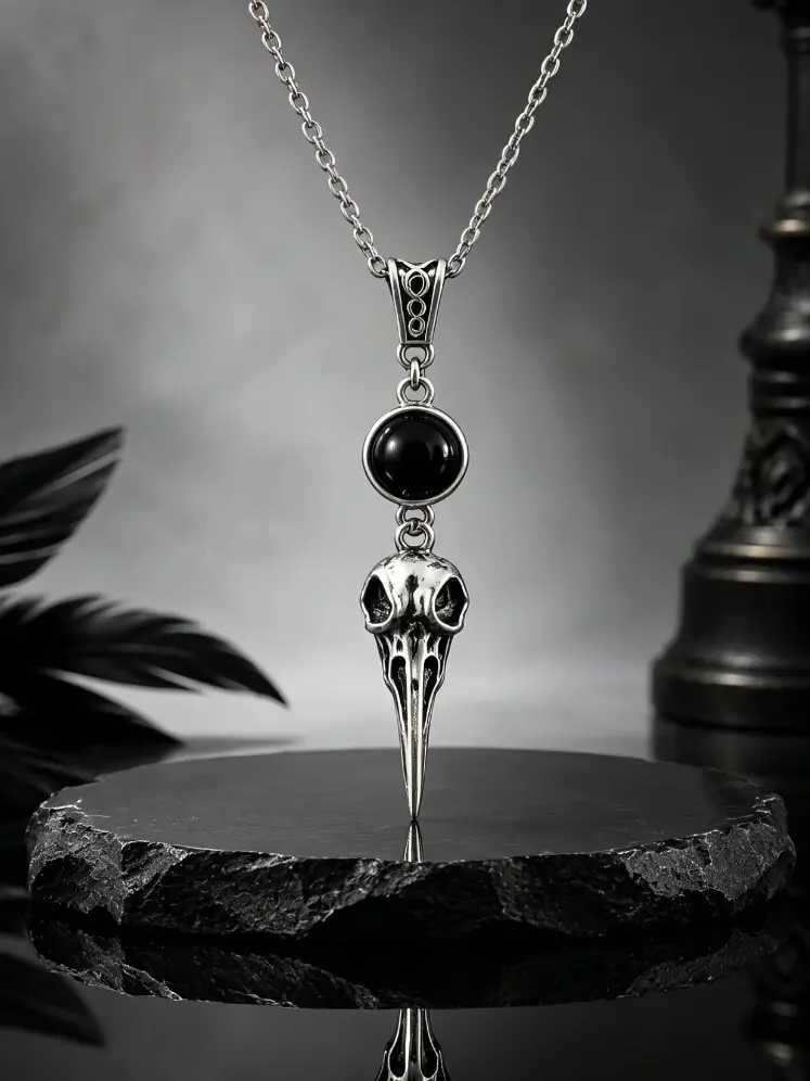 Gothic Crow Skull Pendant Necklace with Black Onyx Stone, Unisex Punk Raven Skull Jewelry, Dark Witchy Statement Necklace, Alternative Goth Accessory