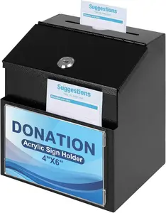 Suggestion Box with Key Lock   Sign Holder, Metal Donation Ballot Drop Box with Slot Tip Jar for Office, Fundraising, Church, School, 8.1'' x 7.1'' x 5.7'', Black