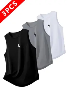 Men's Quick-Dry Sweat-Wicking Sleeveless Sports Vest T-Shirt Set, Lightning Symbol Pattern, Breathable Sports Top, Casual Loose Fit, All Seasons, Athletic Activewear