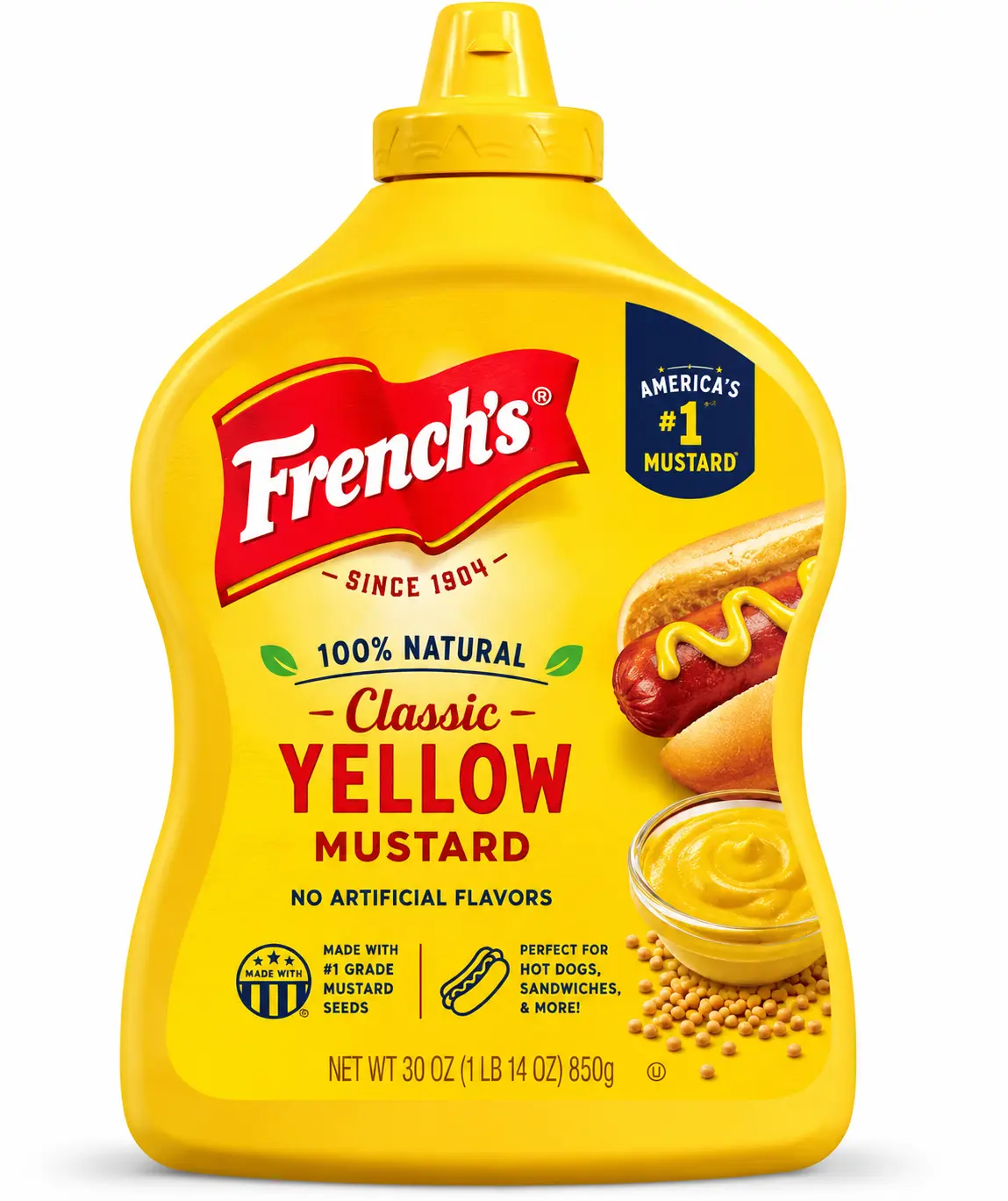 French's 100% Natural Classic Yellow Mustard, 30 oz Squeeze Bottle, Smooth & Tangy Mustard Condiment, No Artificial Flavors, Family Size, 1 Pack