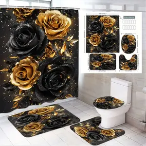 4pcs Elegant Black and Gold Rose Bathroom Set with Shower Curtain, Bath Mat, Toilet Lid Cover, and Rugs - Luxurious Floral Design on Dark Background,The floor mat fabric is thicker and softer!  Perfect for Holiday Home Decor and Chic Bathroom Makeover