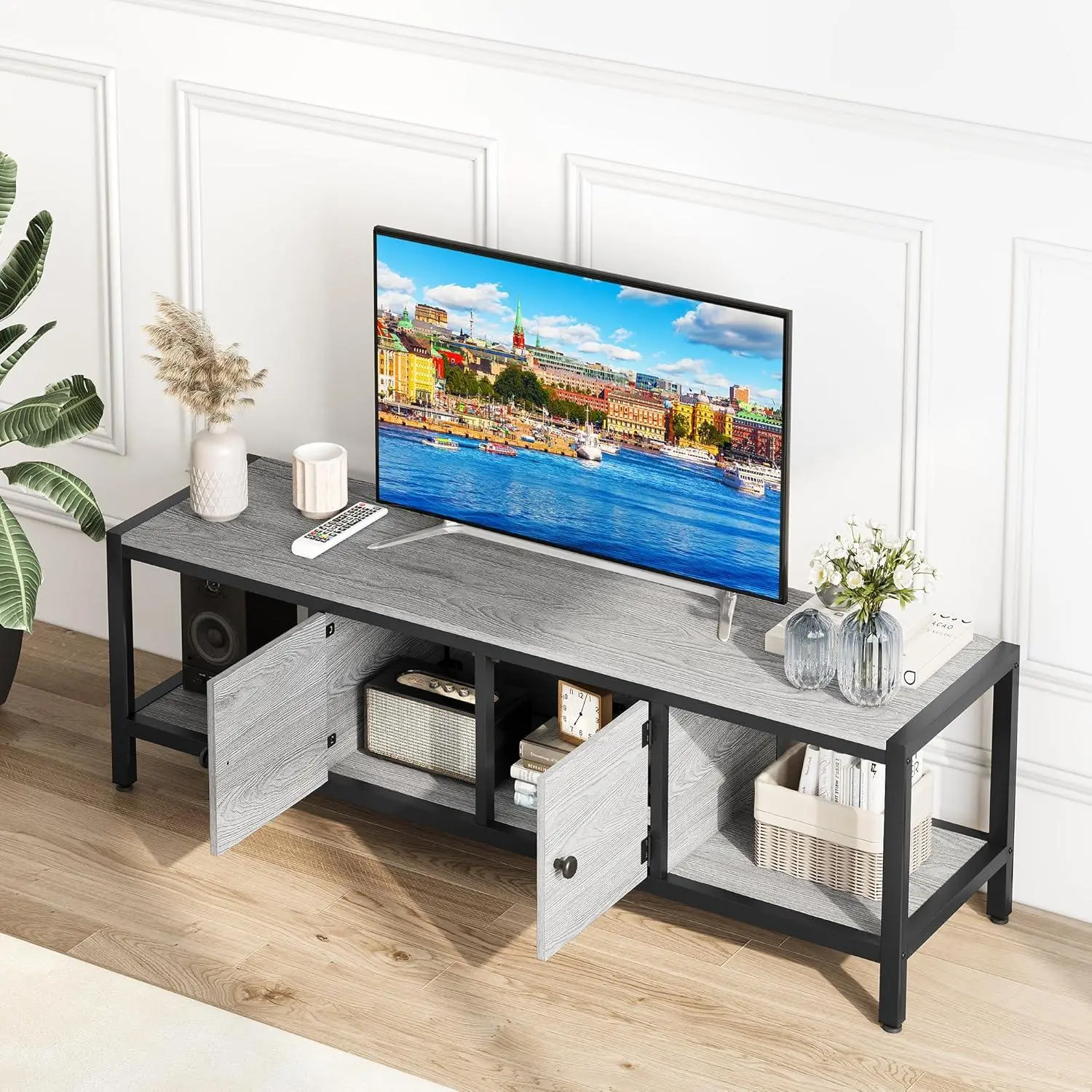 58 Inch TV Stand Up to 75 Inches TVs Modern Entertainment Center with Storage Cabinet Wide TV Console with Adjustable Feet for Living Room Bedroom Grey