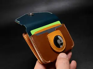 Brown & Navy Veg‑Tan Leather Card Wallet – Optional AirTag Slot | USA