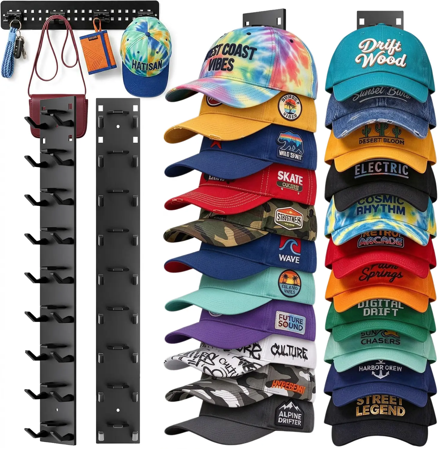 【Dorm Must-Haves】Black Wall-Mounted Hat Organizer 2-Pack - 18 Baseball Caps Storage with Clamps, Holds 9 Each, Retail/Bedroom Door, Closet Holder with Nails or Adhesive
