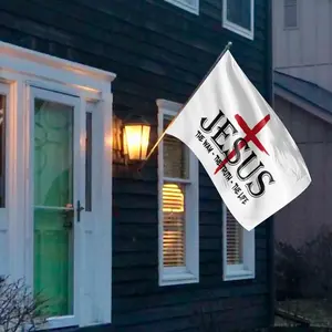 Jesus is the flag of the way, truth, and life. It has two metal eyelets and is suitable for indoor and outdoor decoration, including homes, gardens, parties, and wall decorations.