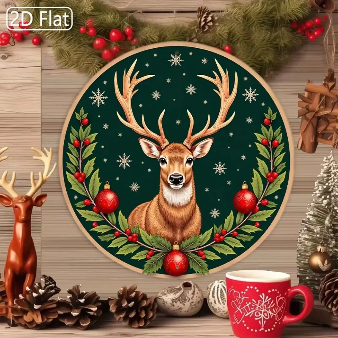 Christmas Reindeer Wreath Metal Wall Decor, Aluminum Home Kitchen Decoration with Antlers & Wintergreen Leaves, Festive Holiday Ornament