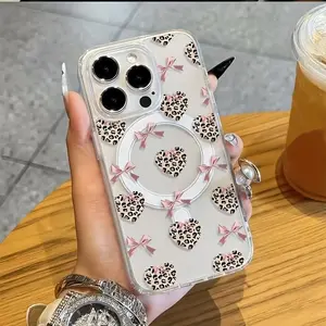 Leopard Print Heart Bow Durable Magnetic Phone Case - Wireless Charging Compatible, Shockproof, Skin-Friendly Protection Casing for iPhone 11 12 13 14 15 16 17 Pro Max Air Plus Accessories