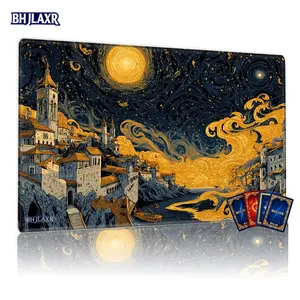 Van Gogh Style Starry Night Coastal Town MTG Playmat 12x24inch Non-Slip, Ideal for TCG Games Party & Family Use, Perfect Gift for Card Game Enthusiasts