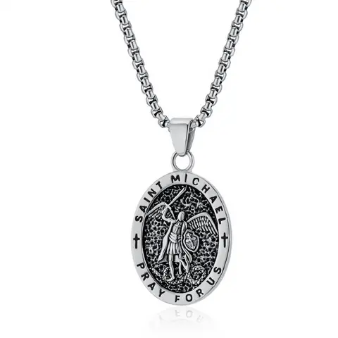 Vintage Retro St. Michael Archangel Necklace for Men - Long Sacred Stainless Steel Pendant with Embossed Sword, Angel Wings, Dualtone Choice, Durable Box Chain, Daily Wear, Graduation-Ready Faith Gift, Saint Michael, Unisex
