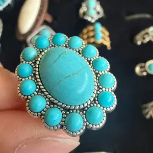 Vintage Turquoise Statement Ring Boho Western Style Adjustable Silver Ring for Women