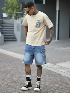 Men's Casual Loose Fit Wide Leg Denim Shorts Pocket, All Seasons Street Style, Plain Color, Versatile Straight Leg Jeans, Fashionable Daily Wear
