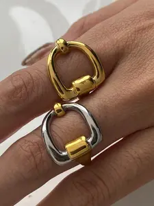Geometric and Simple Style 18k Gold, Stainless Steel, Gold and Silver Color-Blocked Letter D Open Ring, Fashion Rings, Independent Female Personality Jewelry