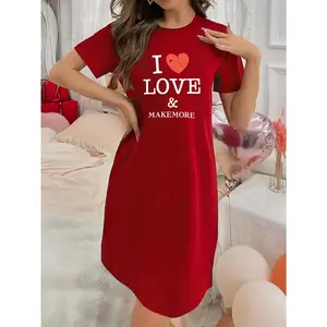 Soft Micro Stretch Women's Lingerie I love makemore Printed Short Sleeve Round Neck Nightgown Sexy Elegant Young Style Women's Valentine's Day Dress Mother's Day Christmas Thanksgiving New Year Gift Ideas