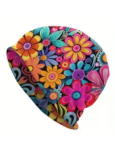 Retro 60s Floral Slouchy Beanie, Colorful Hippie Flower Hat, Bohemian Streetwear Cap, Boho Hat
