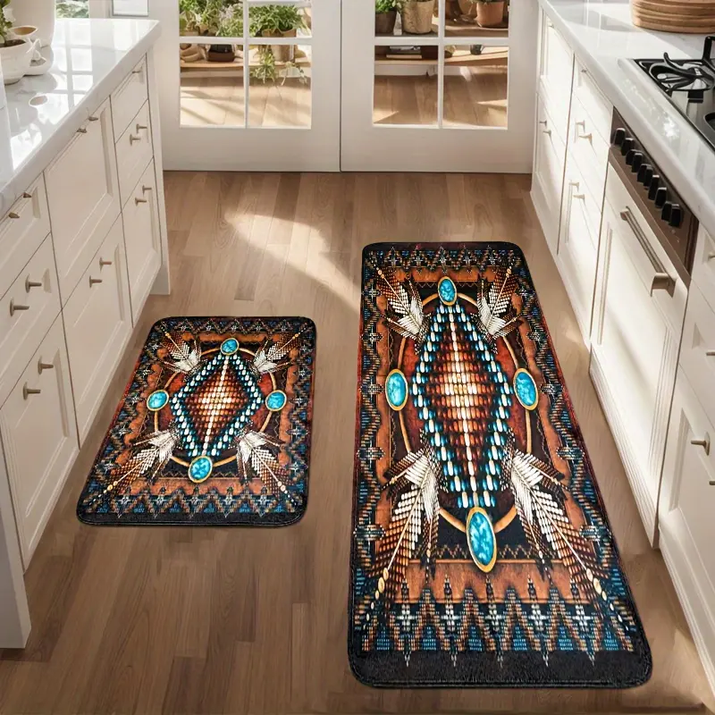 Native American Culturally-Inspired 2/3-Piece Kitchen Floor Mat Set - Non-slip, Absorbent, Machine Washable Comfort Standing Mats with Vintage Stripes for Home Decor, All-Surface, Doorway Use, Kitchen Floor Mats, Absorbent Kitchen Rugs