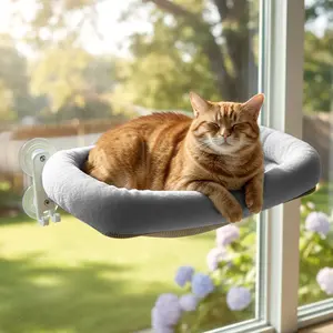 POMESEA Cat Window Perch, Cordless Cat Hammock Window Seat with Cozy Gray Pad Bed Cover, Durable Metal Frame, 6 Suction Cups Total Including 2 Bonus
