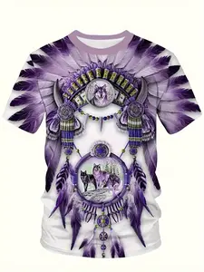 Men's Native American Style 3D Digital Print T-Shirt, Vibrant Tribal Wolf and Feather Pattern, Breathable Summer Streetwear, Casual Round Neck Short Sleeve