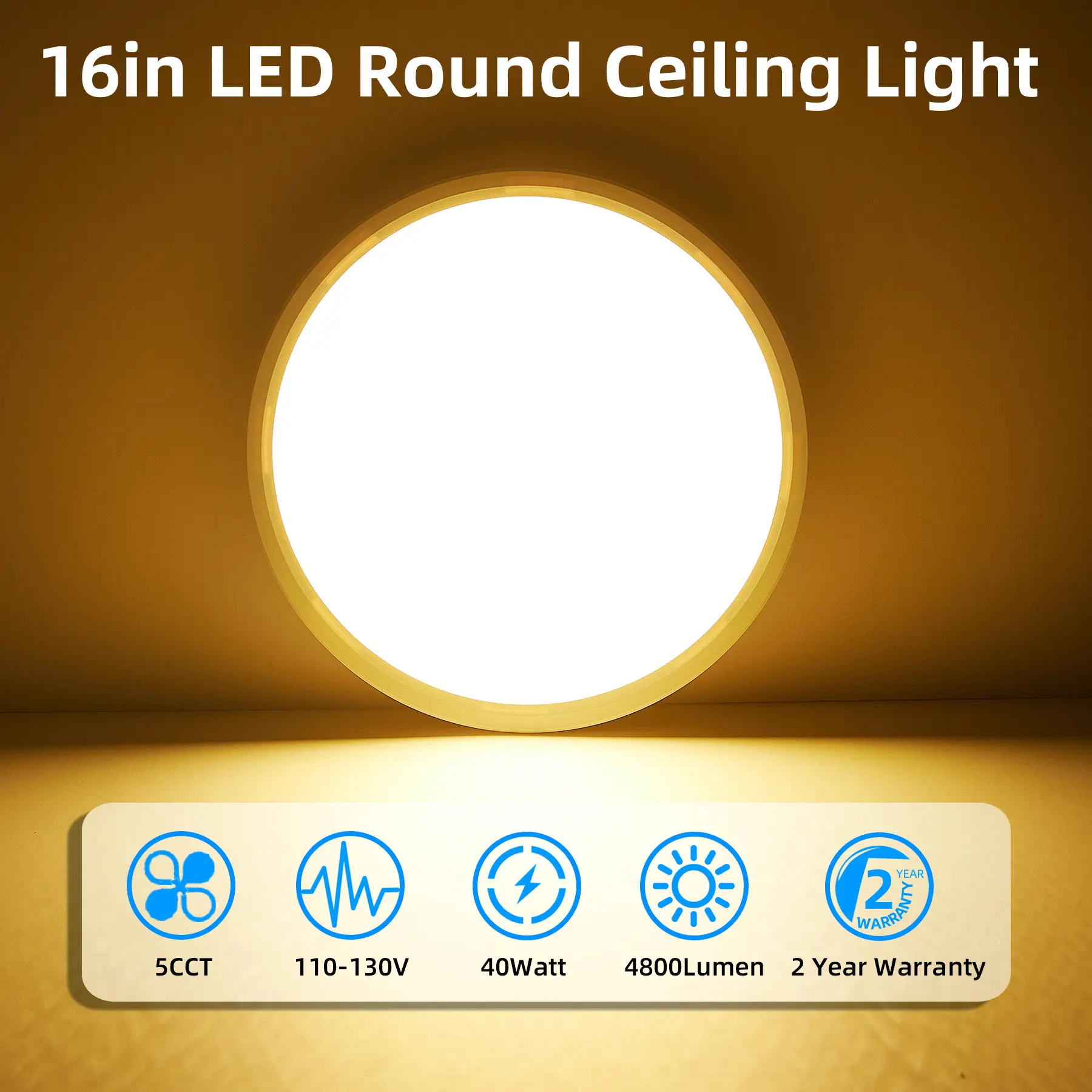 16-inch 5CCT Smart Dimming Bright LED Ceiling Light - 3000K/4000K/4500K/5000K/6000K Optional Color Temperatures, 40W, 4800 Lumens, 80+ CRI High Color Rendering, ABS Fireproof Material, Easy Installation