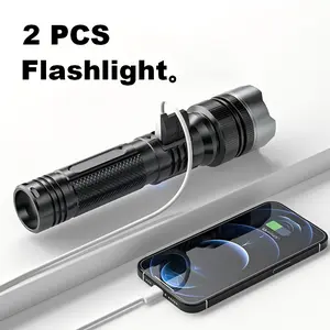 Minimal Bits Home Use 2-in-1 Strong Flashlight Rechargeable Zoomable Waterproof Digital Display Adjustable Brightness for Outdoor Emergency Camping Accessories Black