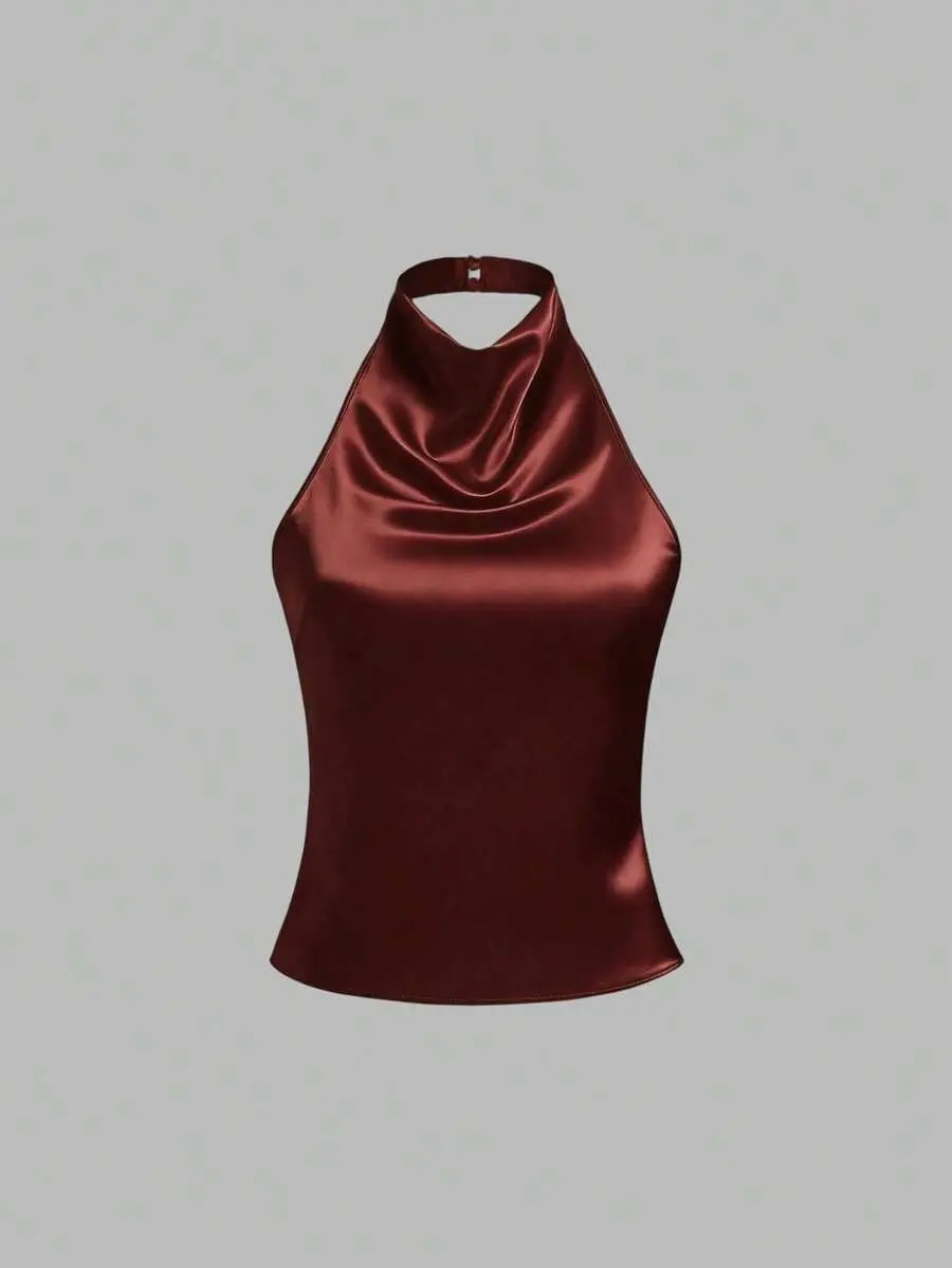 Backless Tie-Up Satin Solid Color Halter Draped Backless Camisole