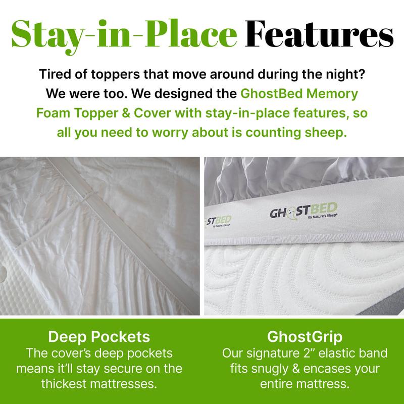 GhostBed Memory Foam Mattress Topper - Cooling Gel Memory Foam Plus Water-Resistant Protector Elastic Cover