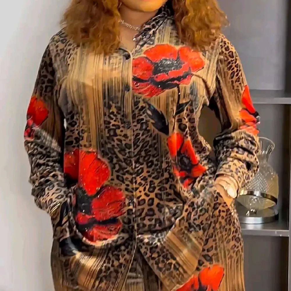 Women's 2-Piece Set - Leopard Print & Red Poppy Design - Stylish Long Sleeve Top & Matching Skirt Set