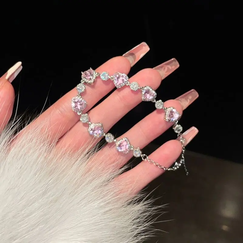 A15 Cute Pink Heart Cubic Zirconia Link Bracelet | Sparkly Fairycore Aesthetic Jewelry for Her
