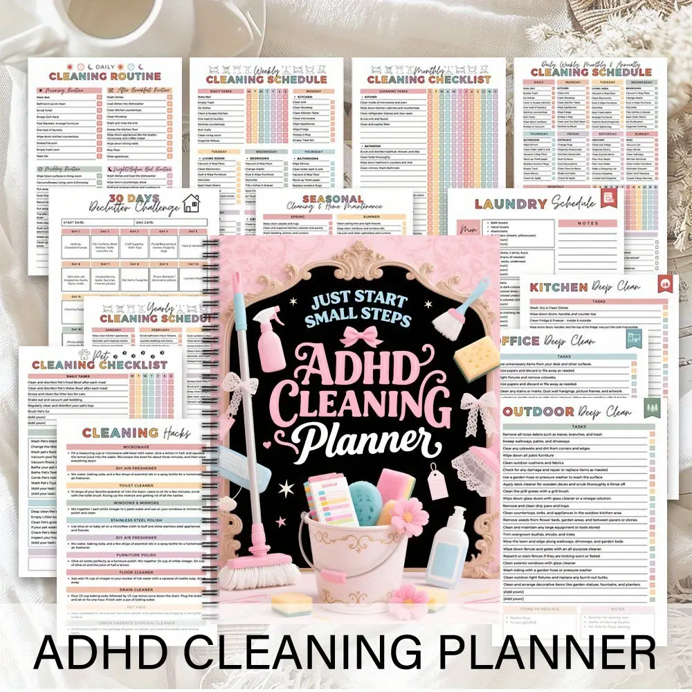 ADHD Cleaning Plan Book (Screw Binding) - Color Coded Cleaning Schedule, Daily/Week/Month/Year Planner, Household Checklist, Productivity Plan and Cleaning Record for Home, Office, Housewife and Mom, Weekly Planner, Monthly Planner, Planner Notebook