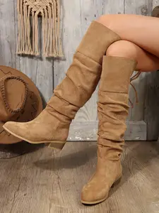 Women's Fashionable Solid Color Lace Up Pointed Toe Boots, Trendy All-match Plain Lace Back Slouchy Boots, Casual Warm Knee Boots for Fall & Winter,  for Daily Wear, Pointed Toes Boots